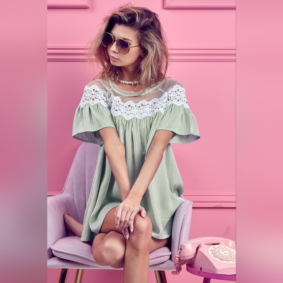 BiBi Tops - BiBi Lace Detail Short Sleeve Striped Blouse